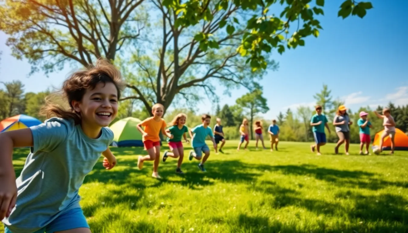 children playing frisbee and exploring nature at summer camp.