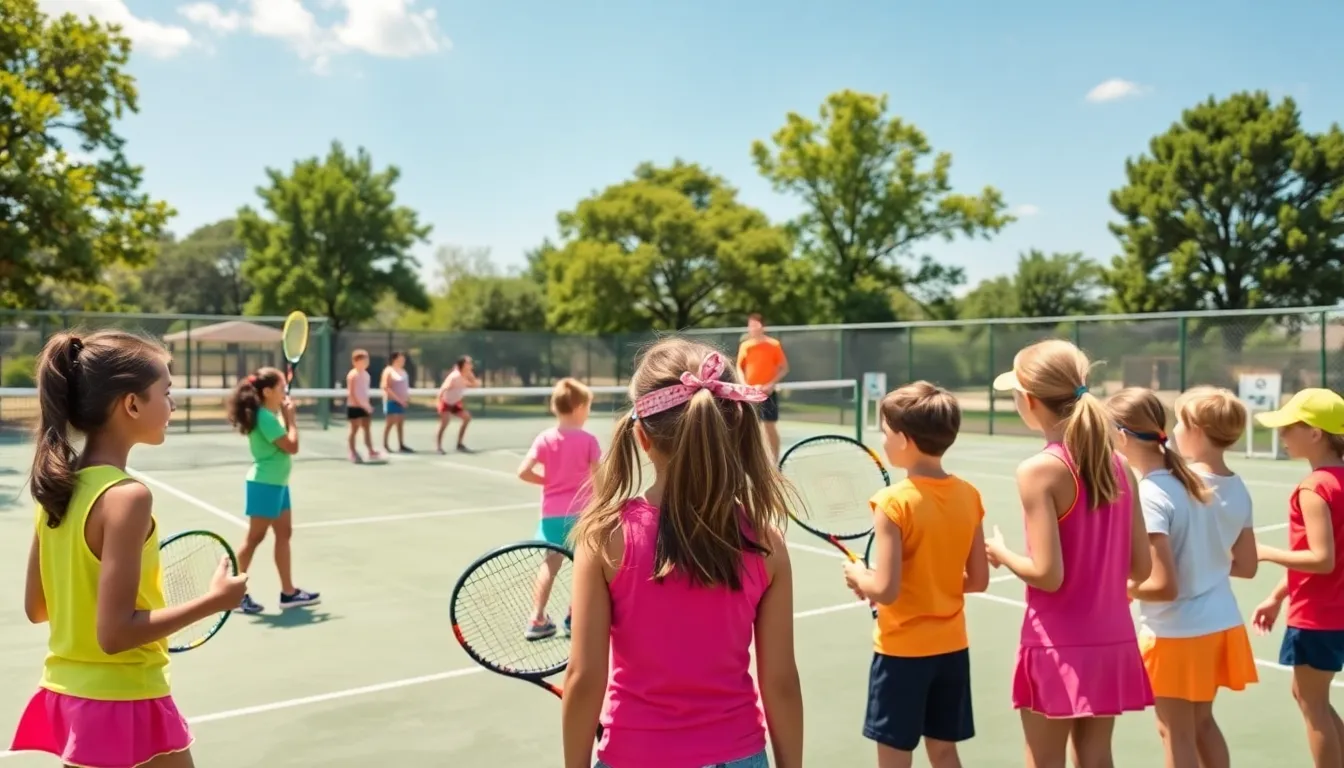 children practicing tennis skills at a summer camp.