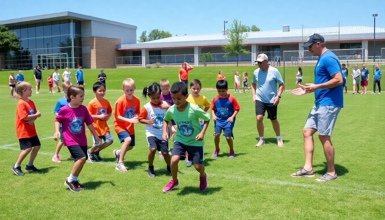 diverse children practicing flag football at summer camp.