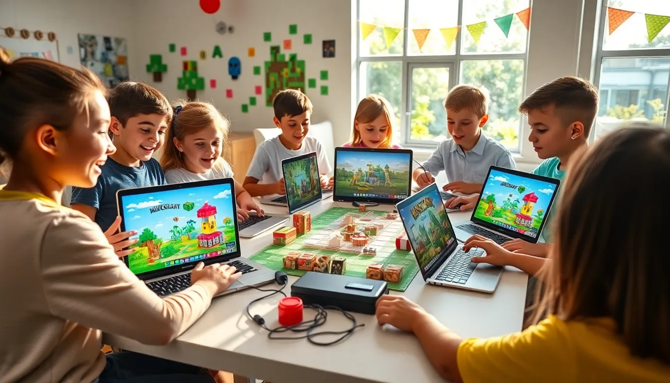 children collaborating in a Minecraft summer camp setting.