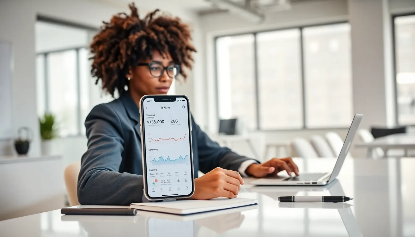 person reviewing Screen Time features on an iPhone in a modern office.