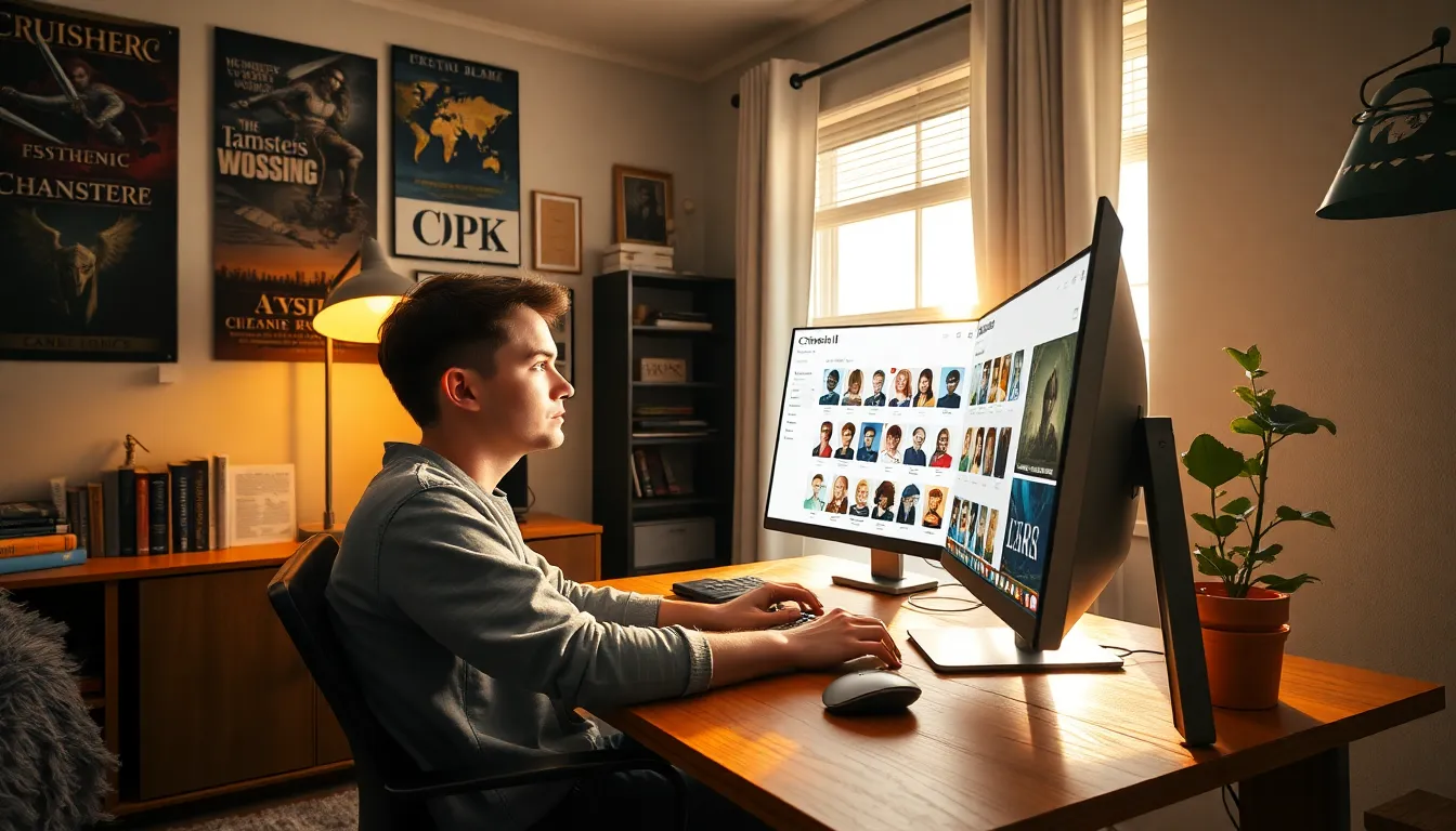 A young man creating game characters at his home office.
