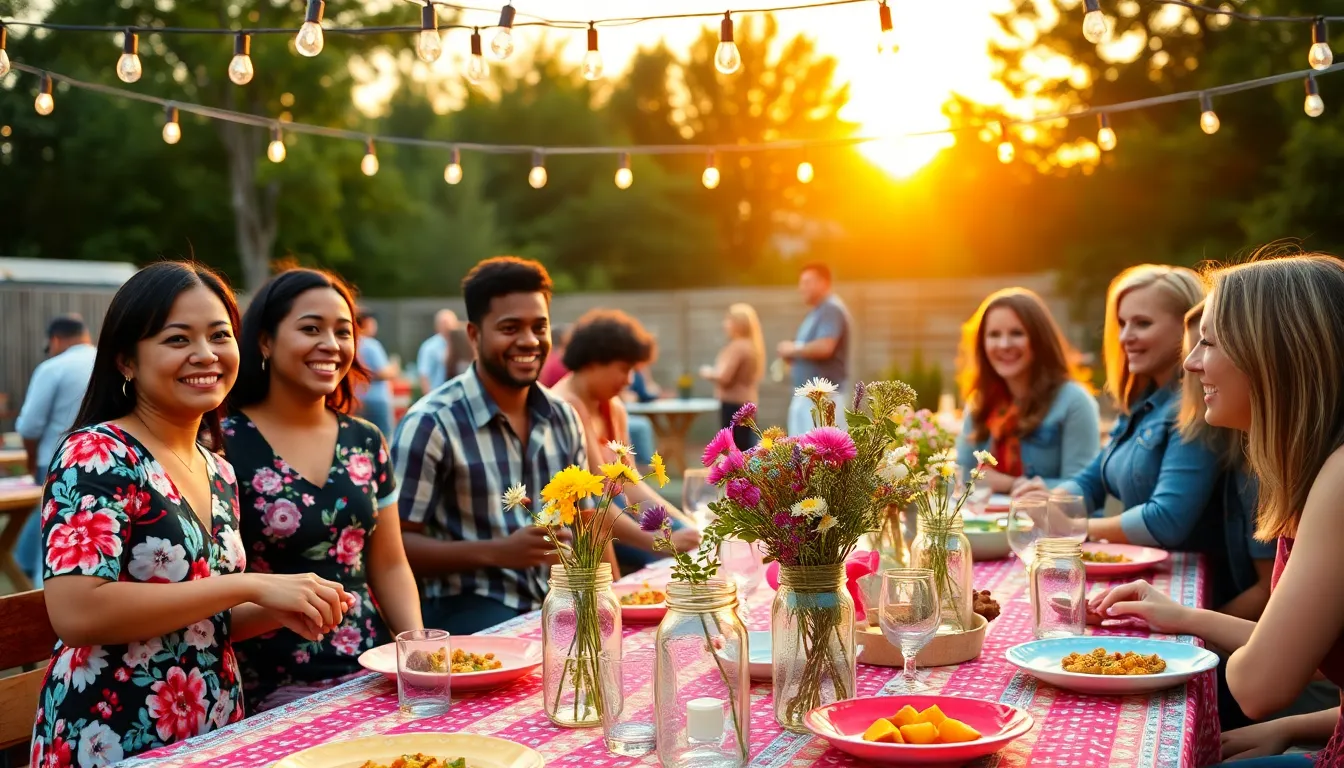 a diverse group enjoying a budget-friendly outdoor garden party.